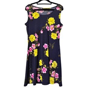 Nina Leonard Navy Polka Dot Floral Sleeveless Knee Length‎ Dress Women's Size M